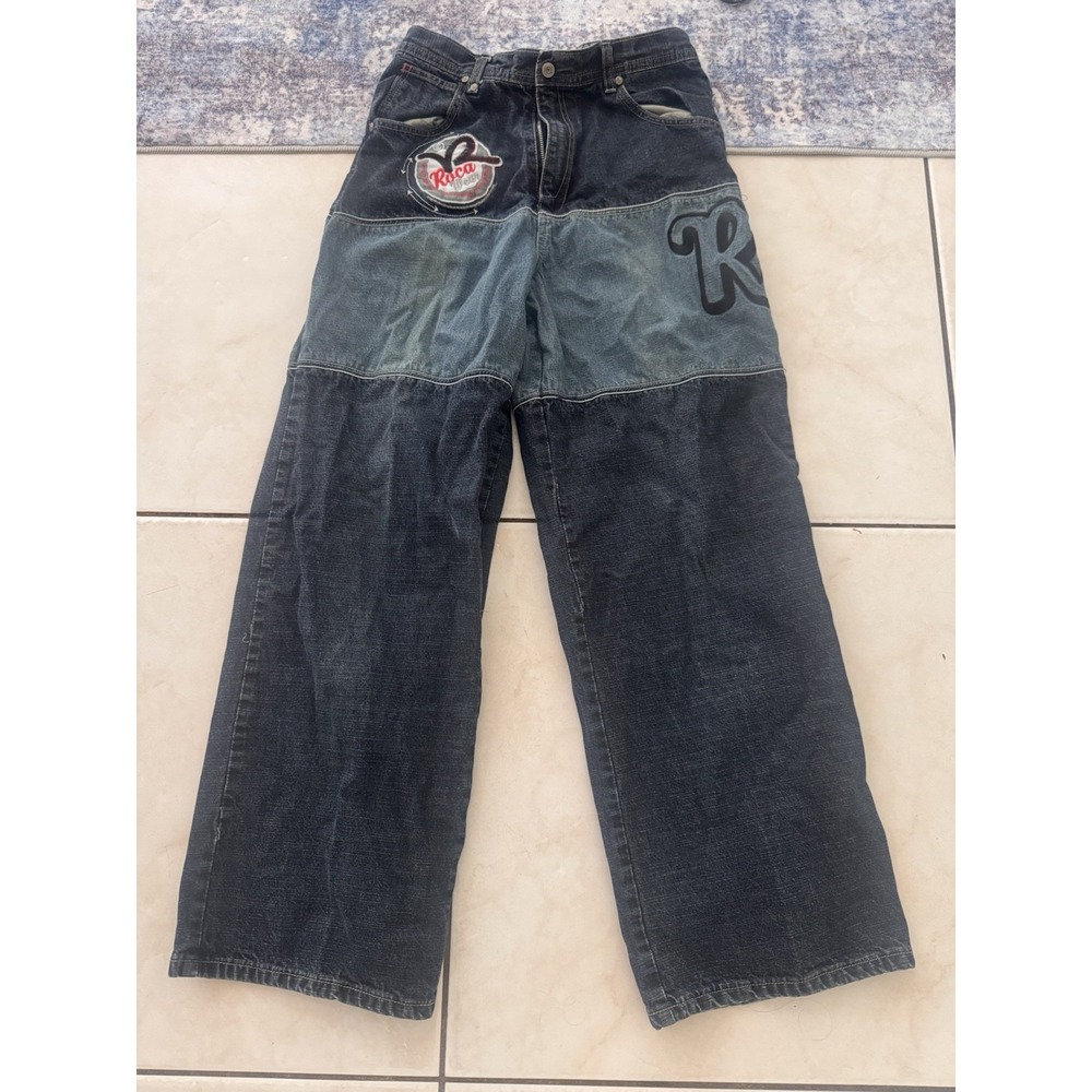 Vtg Rocawear Boys Sz 16 Jeans Y2K Baggy Wide Leg Two Tone Denim Logo Patches Y2K